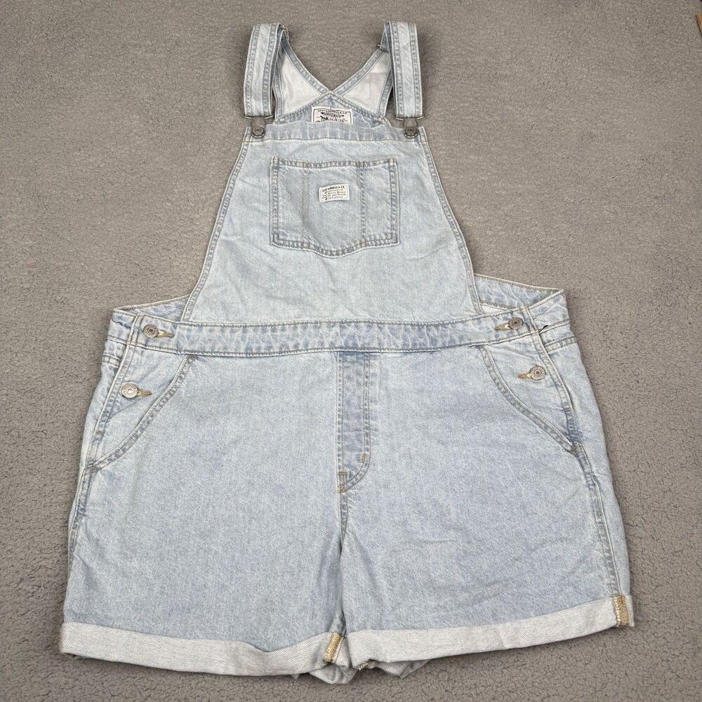 Levis Shortalls Womens 20W Blue Two Horse Light Wash Denim Bib Overalls Shorts